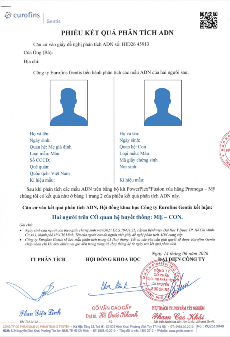 Trường hợp c&oacute; quan hệ huyết thống mẹ - con, phiếu kết quả x&eacute;t nghiệm ADN tại EUROFINS GENTIS sẽ ghi: "Hai người tr&ecirc;n C&Oacute; quan hệ huyết thống: MẸ - CON"