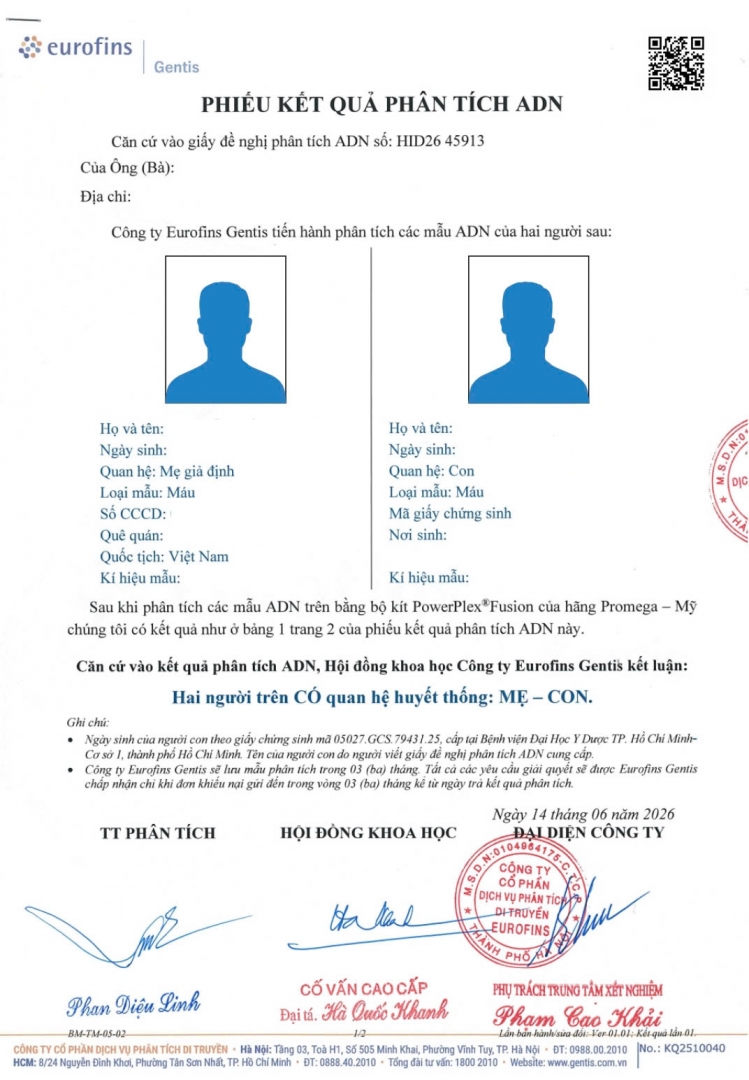 Kết quả x&eacute;t nghiệm ADN theo h&igrave;nh thức gửi mẫu qua bưu điện kh&ocirc;ng sử dụng được với mục đ&iacute;ch ph&aacute;p l&yacute;