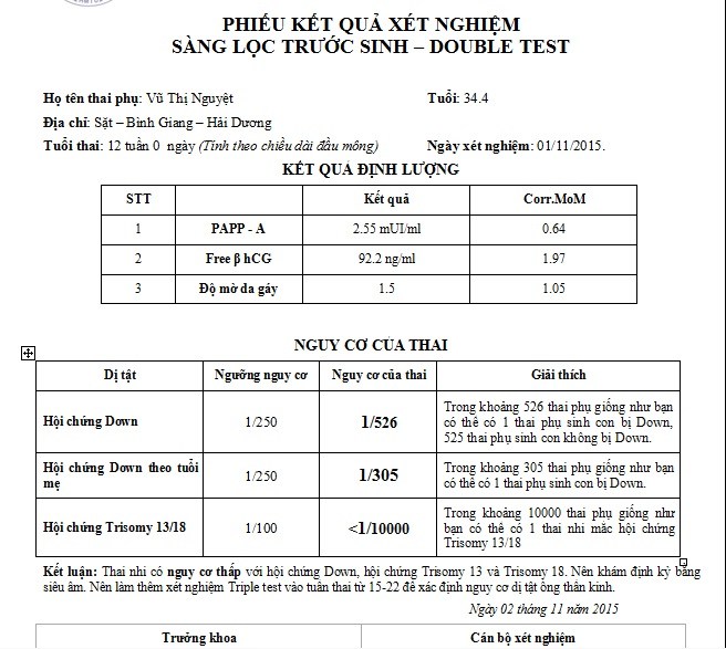 Phiếu sàng lọc kết quả Double test